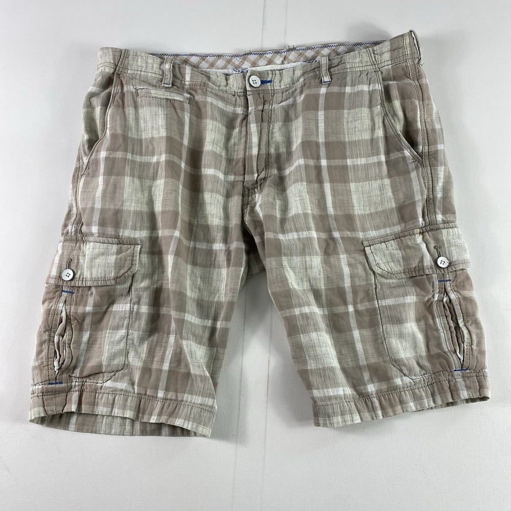 Tommy Bahama Shorts Mens 33" Tan White Plaid‎ Cargo 10" Inseam Cotton